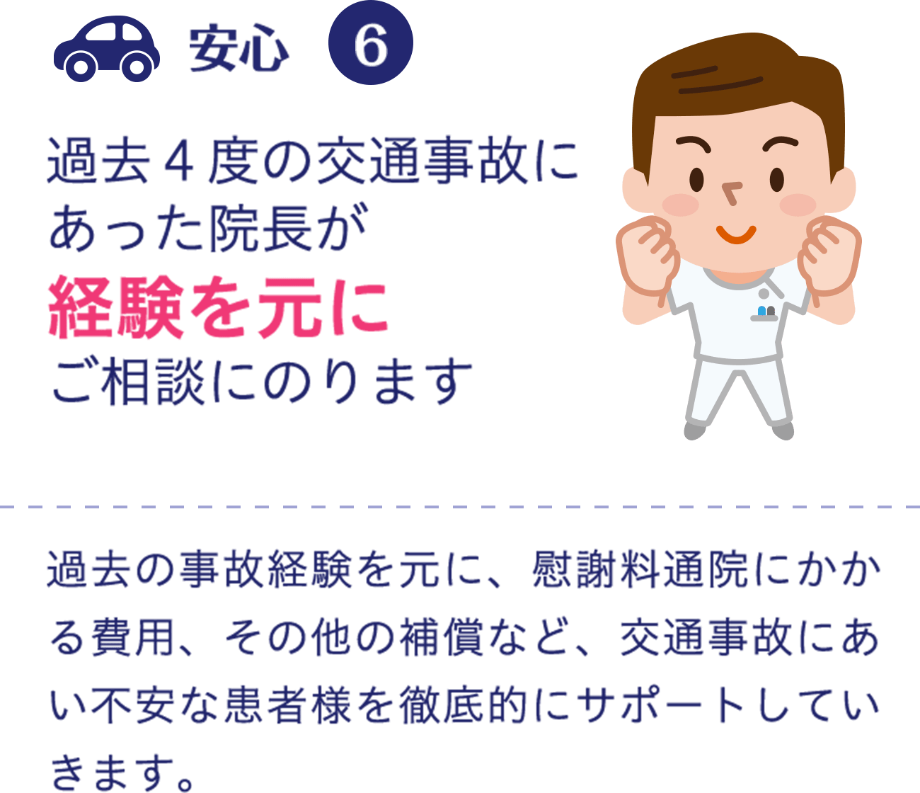 過去４度の交通事故にあった院長が経験を元にご相談にのります